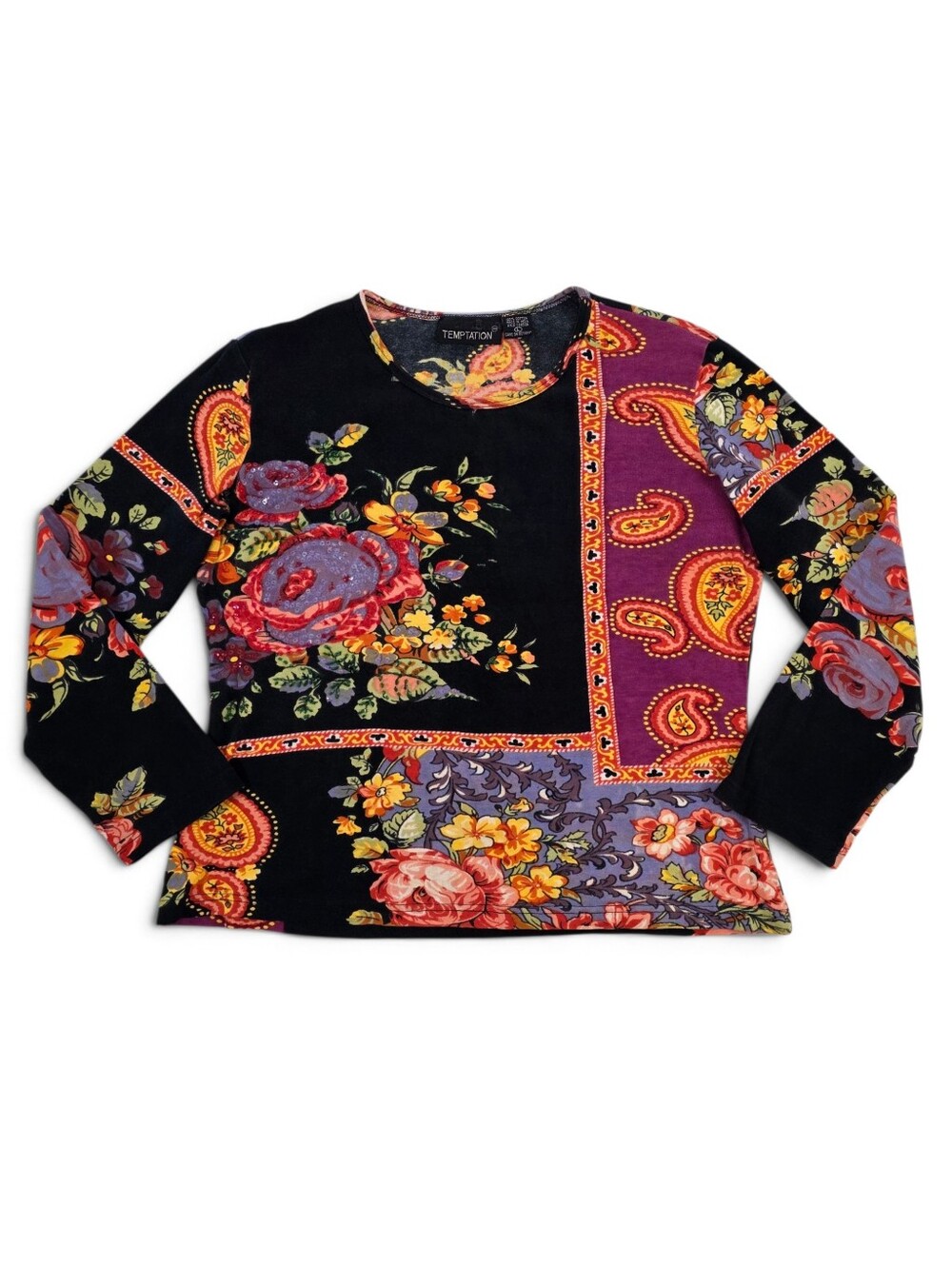 Floral Paisley Beaded Sequin Patchwork Top Size L Vintage 90s Y2k Boho Romantic